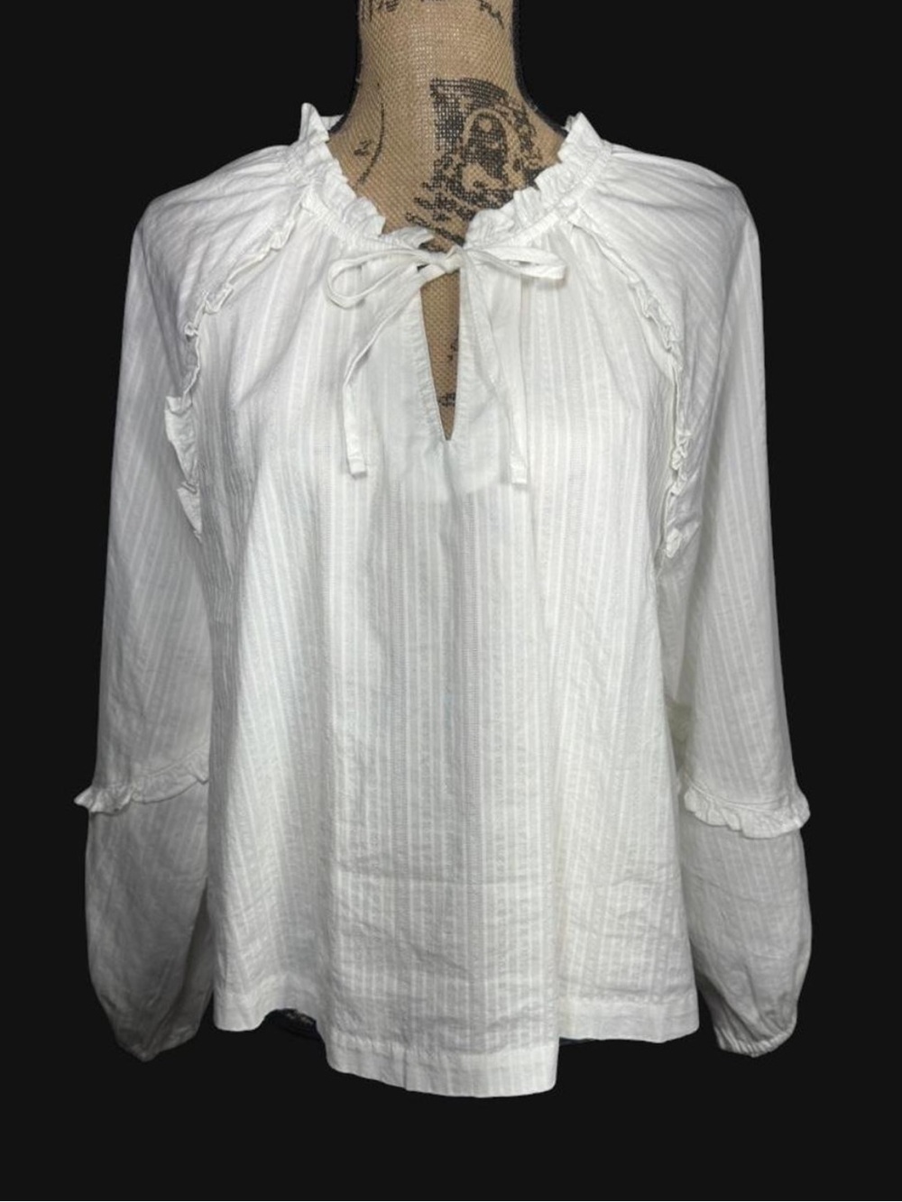 Old Navy White 100% Cotton Ruffle Tie Neck Peasant Poet Blouse Size L Romantic